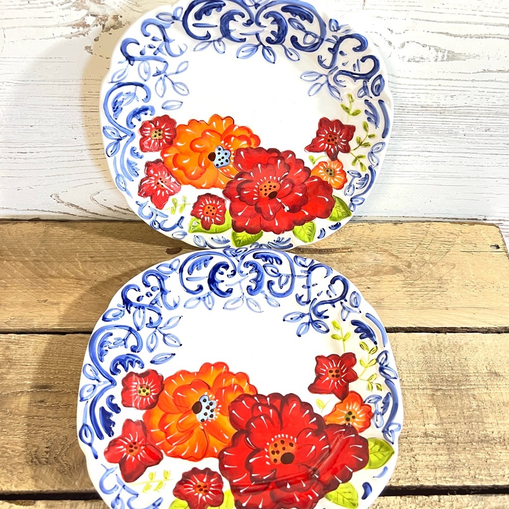Laurie Gates cottage rose plates red blue 8 1/2”